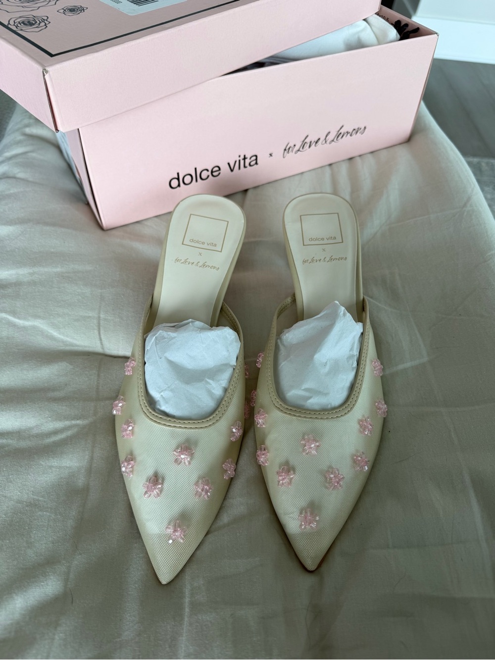 Dolce Vita Cream Pointed Toe Mules with Pink Floral Embroidery - Picture 3 of 6